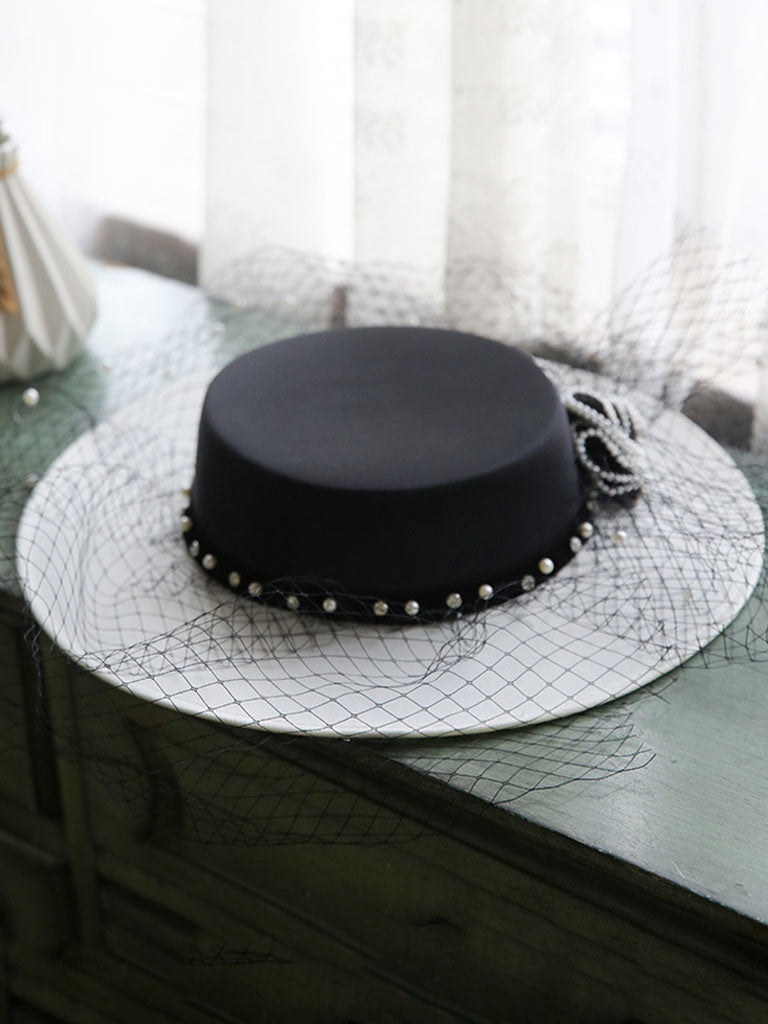 Vintage Flower Mesh Black and White Hepburn Hat Boater Hat