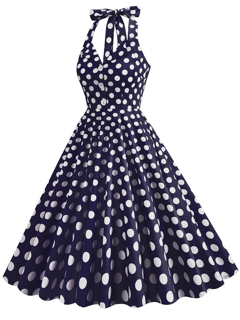 Green And White Polka Dots Pockets Vintage Halter 1950S Dress