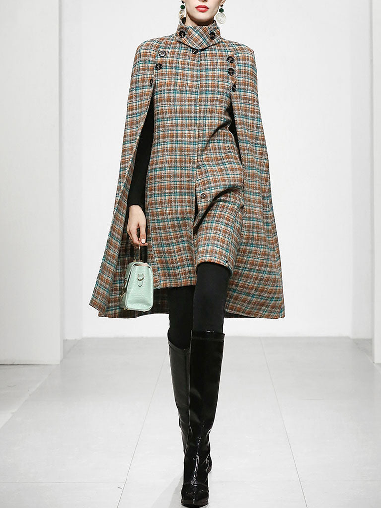 Sweet Brown Plaid Long Sleeve Dress Cape Coat