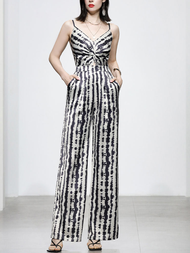 Black And White Animal Print Spaghetti Straps Jumpsuit