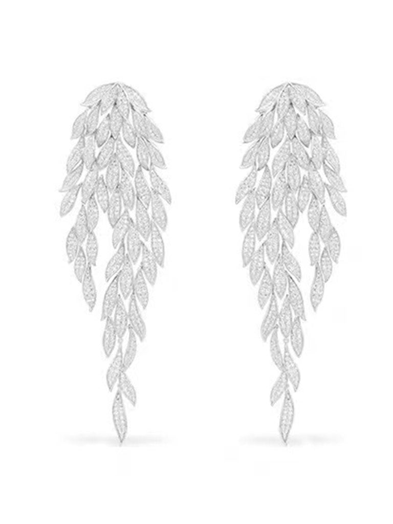 Luxurious Multi-layered Leaf Rhinestone Tassel Long Earrings