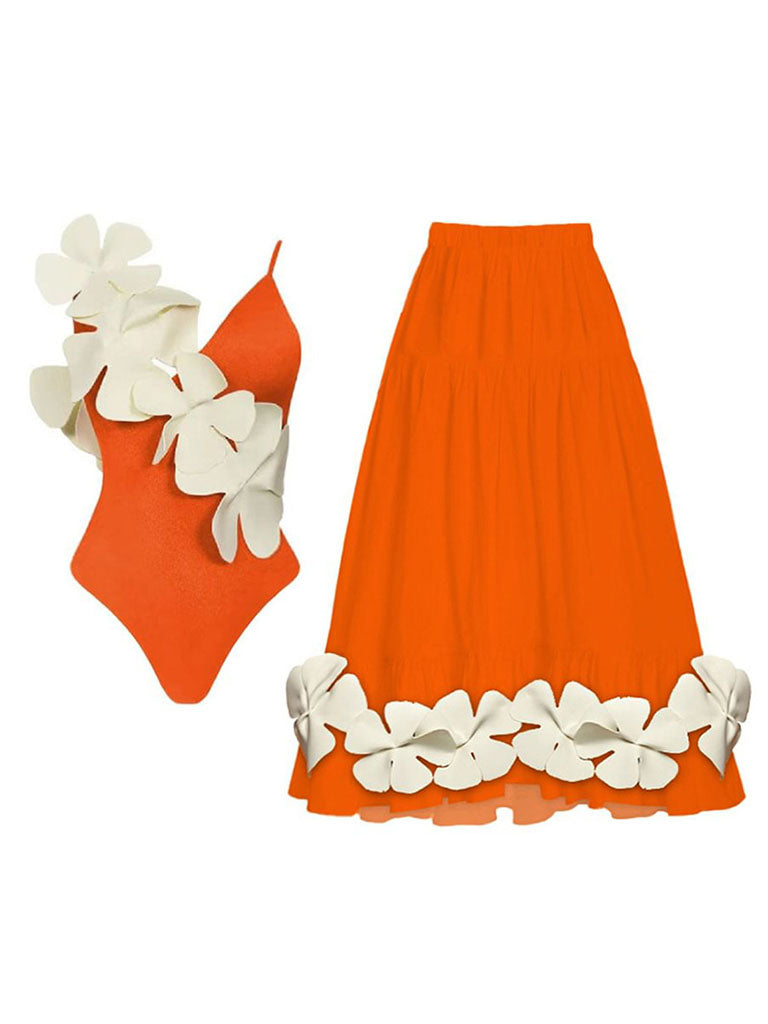 Orange And White Flower One Piece