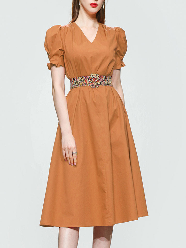 Orange V Neck Puff Sleeve Audrey Hepburn Style 50S Vintage Dress