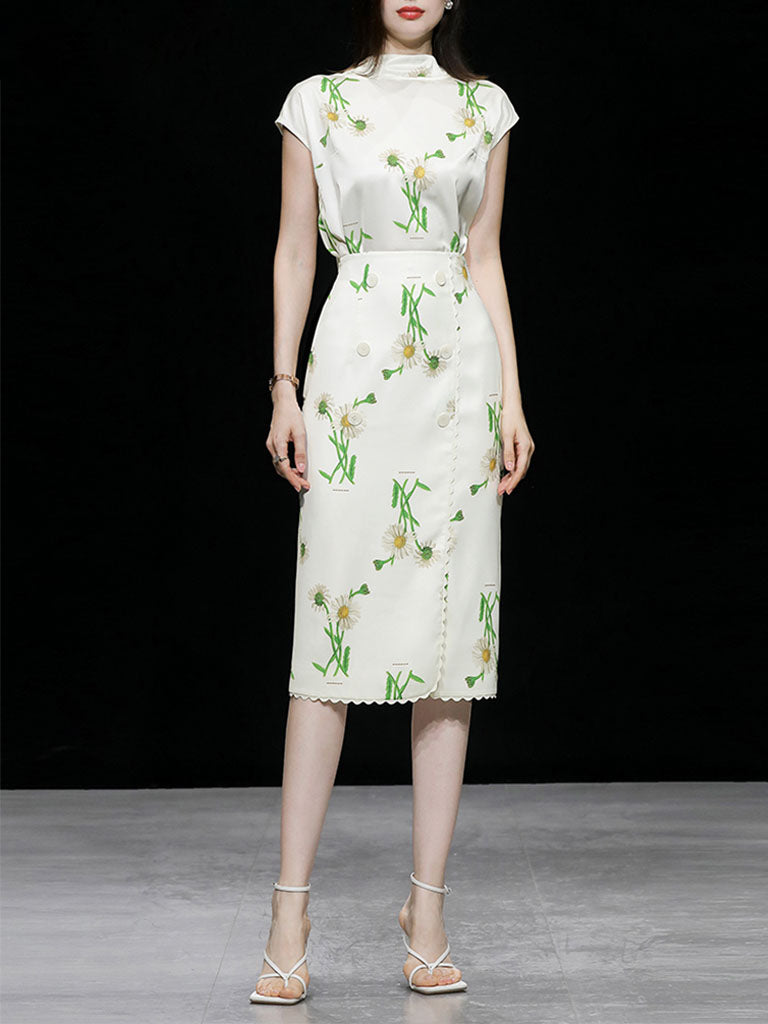 2PS White Retro Stand Collar Satin Printed Top