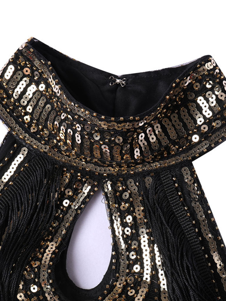 Apricot Cold Shoulder Gatsby Glitter Fringe 1920s Flapper Dress