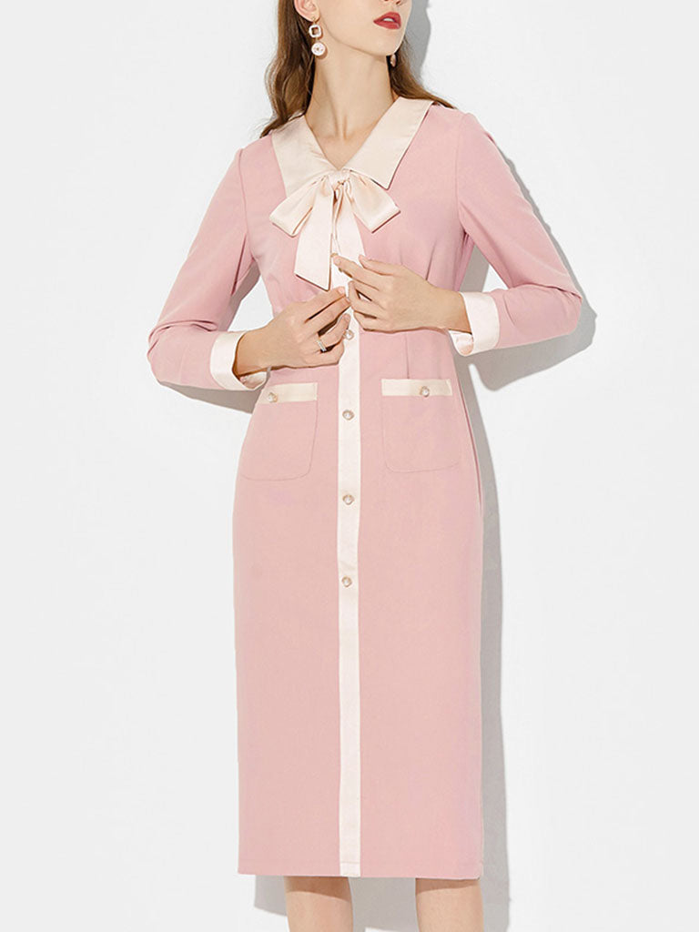 Pink Turn Down Collar Long Sleeve 1940S Vintage Dress