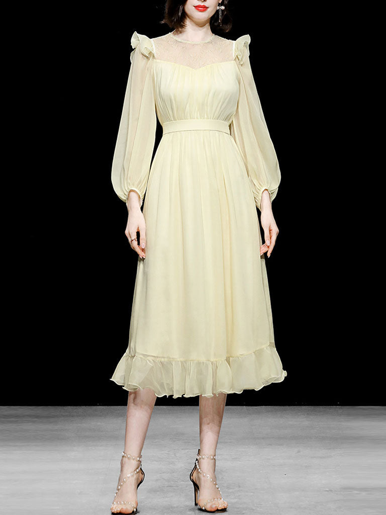 Yellow Ruffles Collar Long Sleeve 1950S Vintage Dress