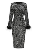 Black Sweet Feather Hem Sequin Long Sleeve Bodycon Gown Party Dress