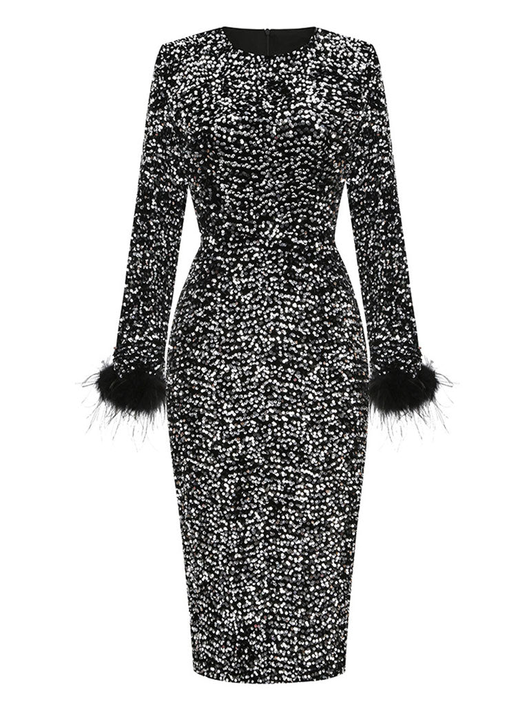 Black Sweet Feather Hem Sequin Long Sleeve Bodycon Gown Party Dress