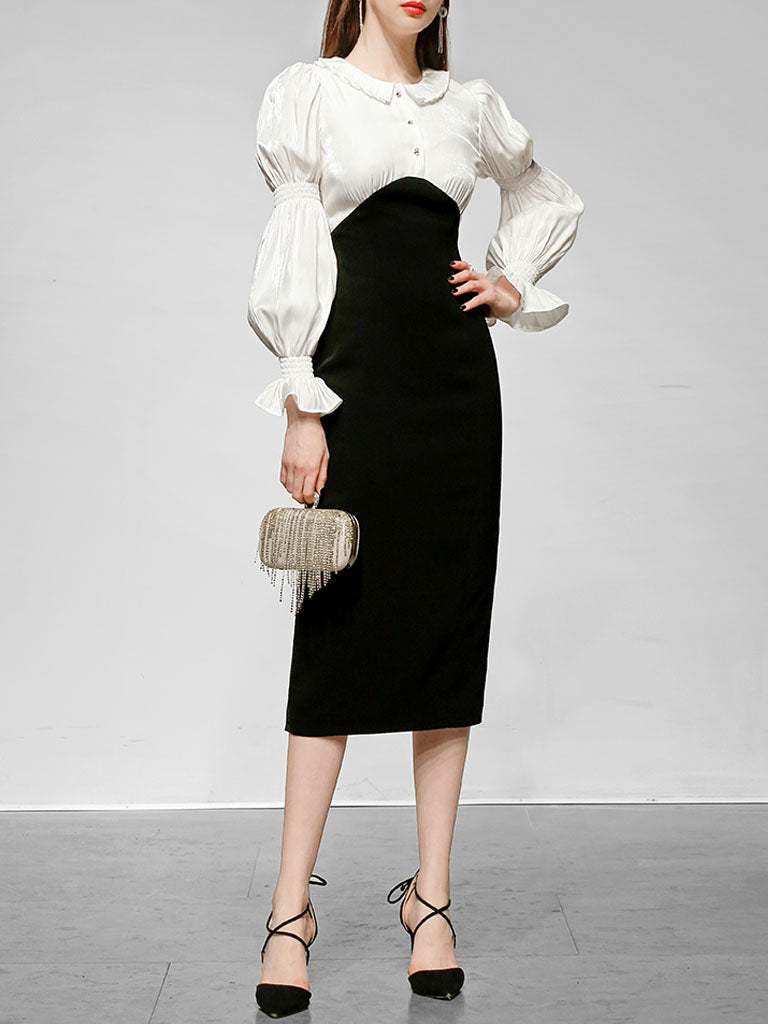 White Peter Pan Collar Long Sleeve Fake Two Piece Little Black Dress