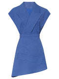 2PS Blue Vertical Striped Lapel Sleeveless Slim Top High Waist Asymmetric Short Skirt Set
