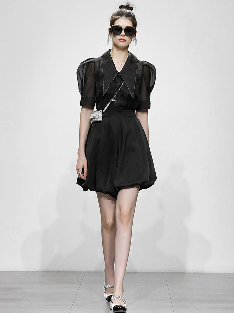 3PS Black Pointed Big Lapel Puff Sleeves Organza Top And High Waist Bloomers Set
