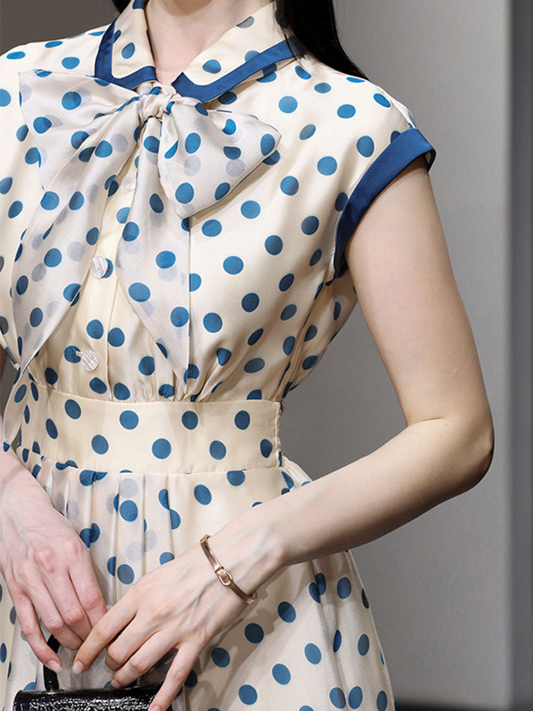 Blue Polka Dots Bow Collar 1950S Vintage Dress