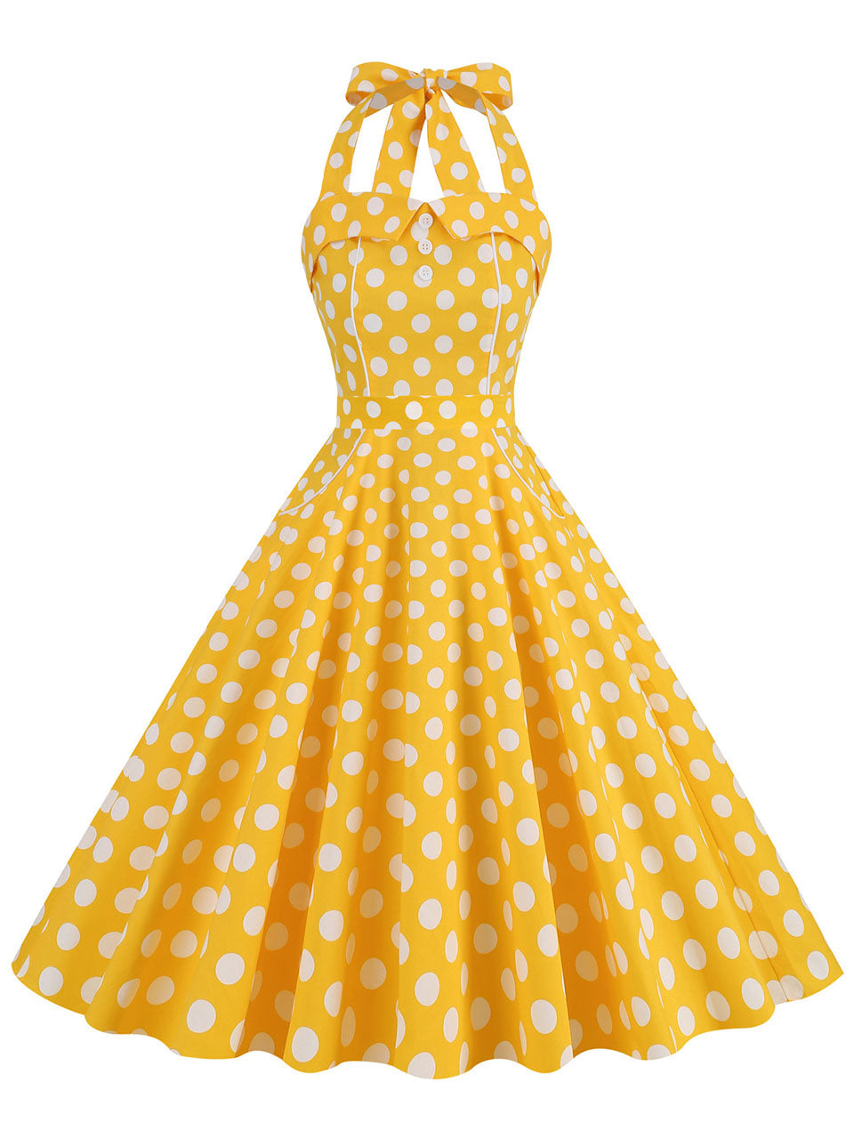 Yellow Polka Dots Vintage Halter Strap Backless 1950S Vintage Dress