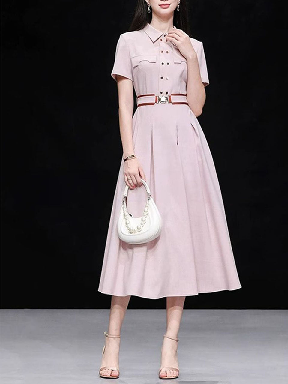 Apricot Pink Double-Breasted Belted Tunic Shirt Dress