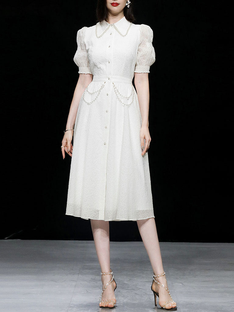 White Pearl Collar Romantic Floral Textured Shirt Dress