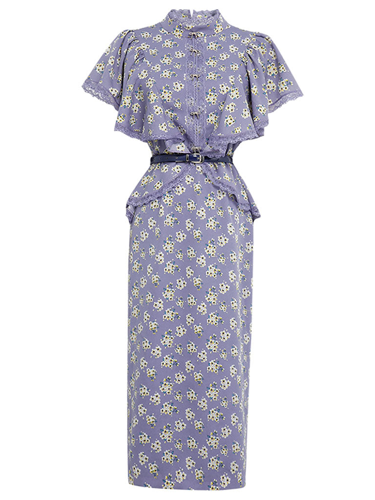 Lavender Lace Collar Ruffles Sleeve Floral Print 1930S Vintage Dress