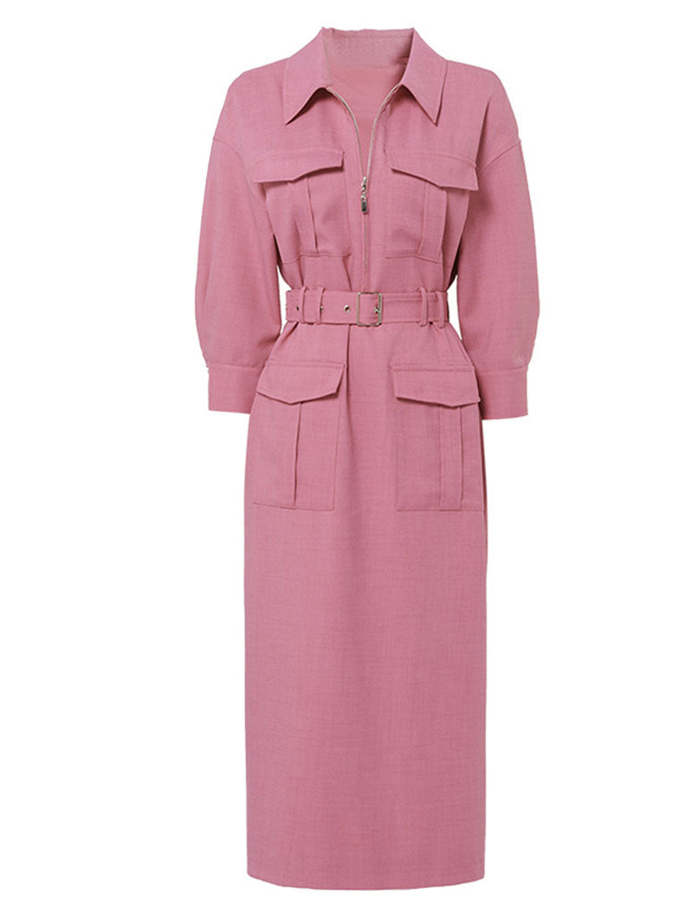 Nude Pink Turndown Collar Half Sleeve 1940S Vintage Dress