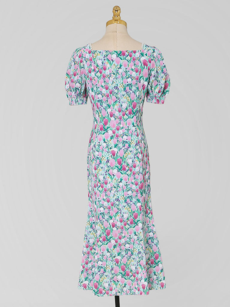 Blue Tulip Print Pearl 1950S Vintage Dress