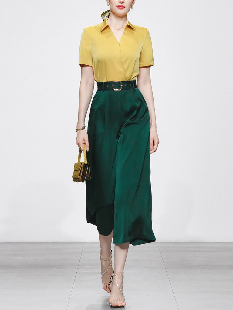 2PS Yellow Elegant V-neck Short Sleeve Shirt