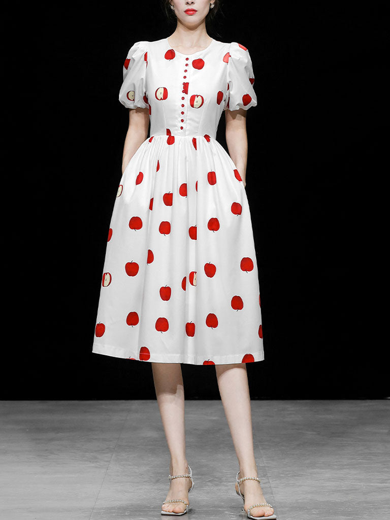 White Crew Neck Printed Red Apple Swing 1950S Dress