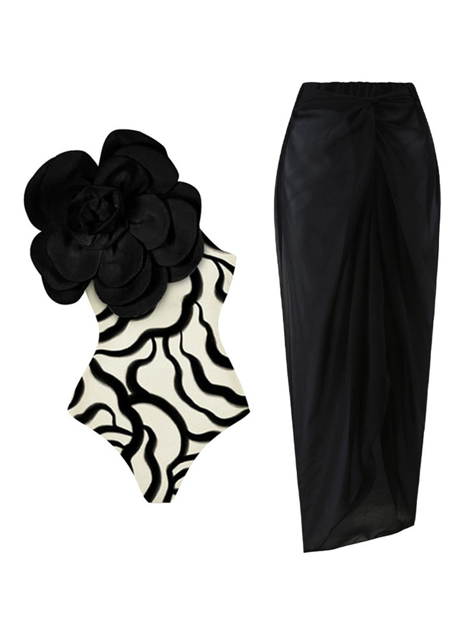 Black Zebra Print One Shoulder Flower Swimsuit