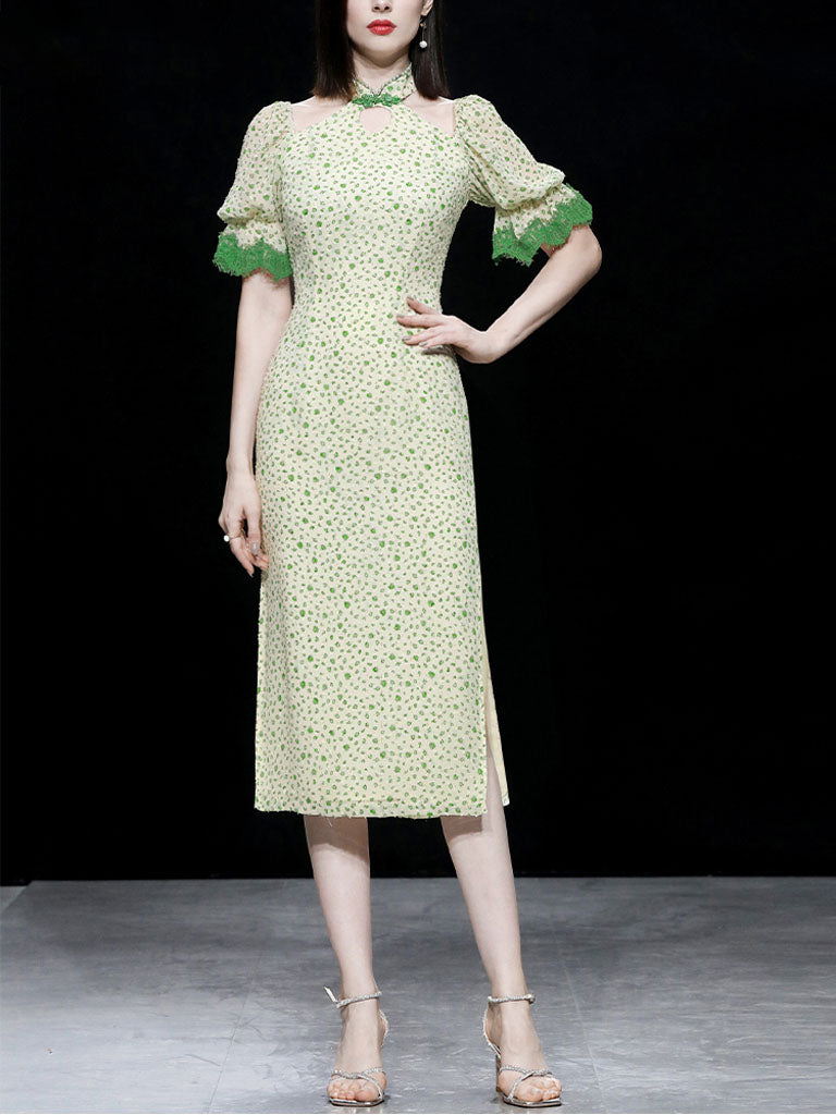 Hollow Fresh Floral Vintage Style Slit Cheongsam Dress