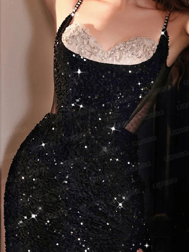 Black Spaghetti Strap Sequined Mesh Slit  Gown Party Dress