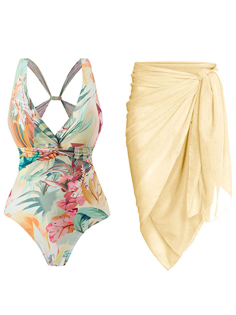 Apricot Floral Print Flower Strap One Piece