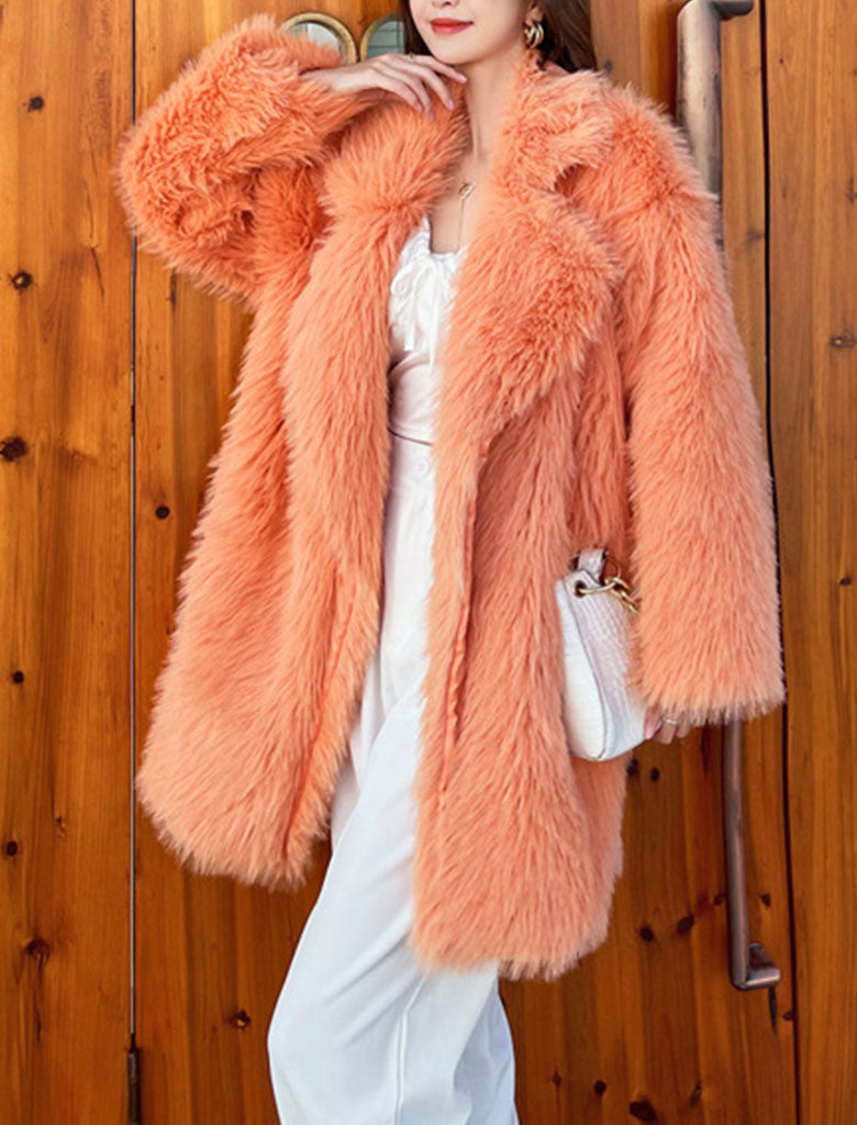Orange Faux Fur Long Sleeve Lambswool Coat Winter Coat