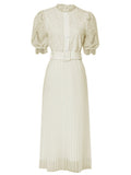 Apricot Stand Collar Puff Sleeve Mesh Pleated Dress