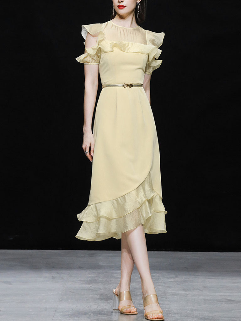 Yellow Organza Semi-Sheer  Ruffled Hem Vintage Dress