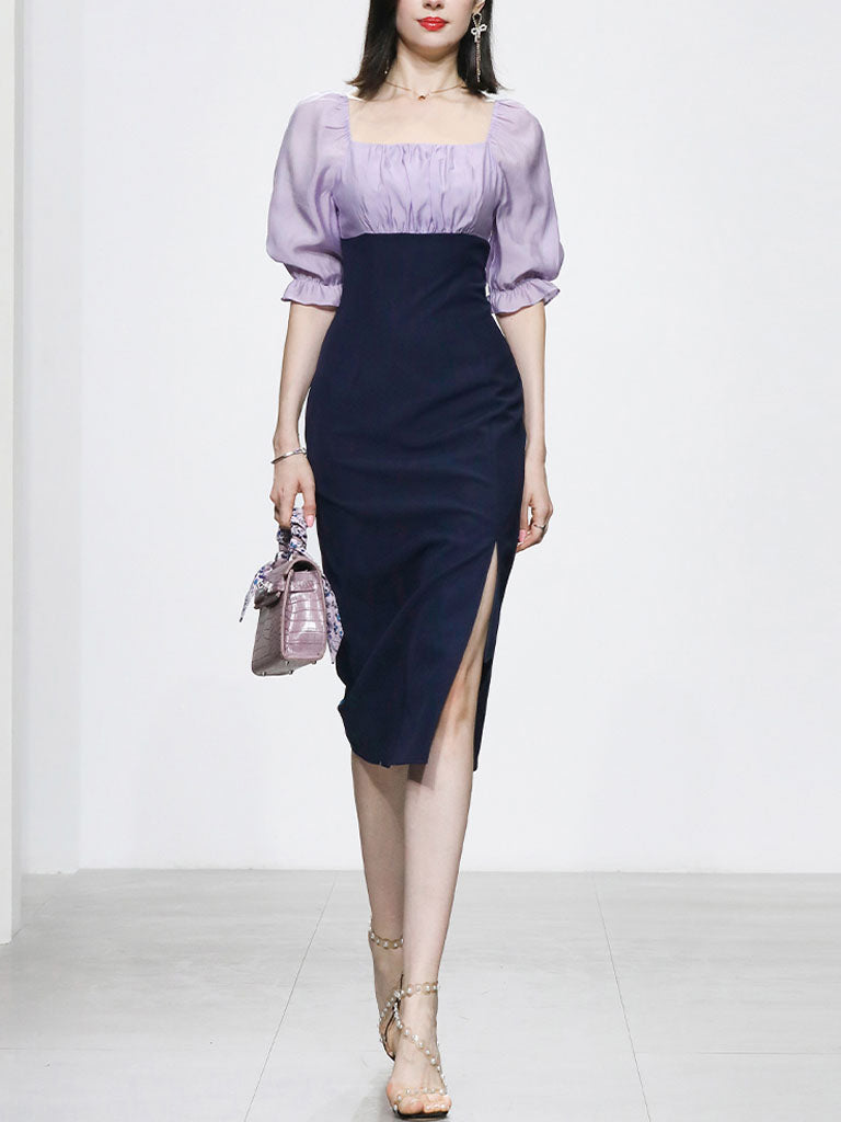 Purple Puff Sleeve Square Neck Slit 1940S Vintage Dress