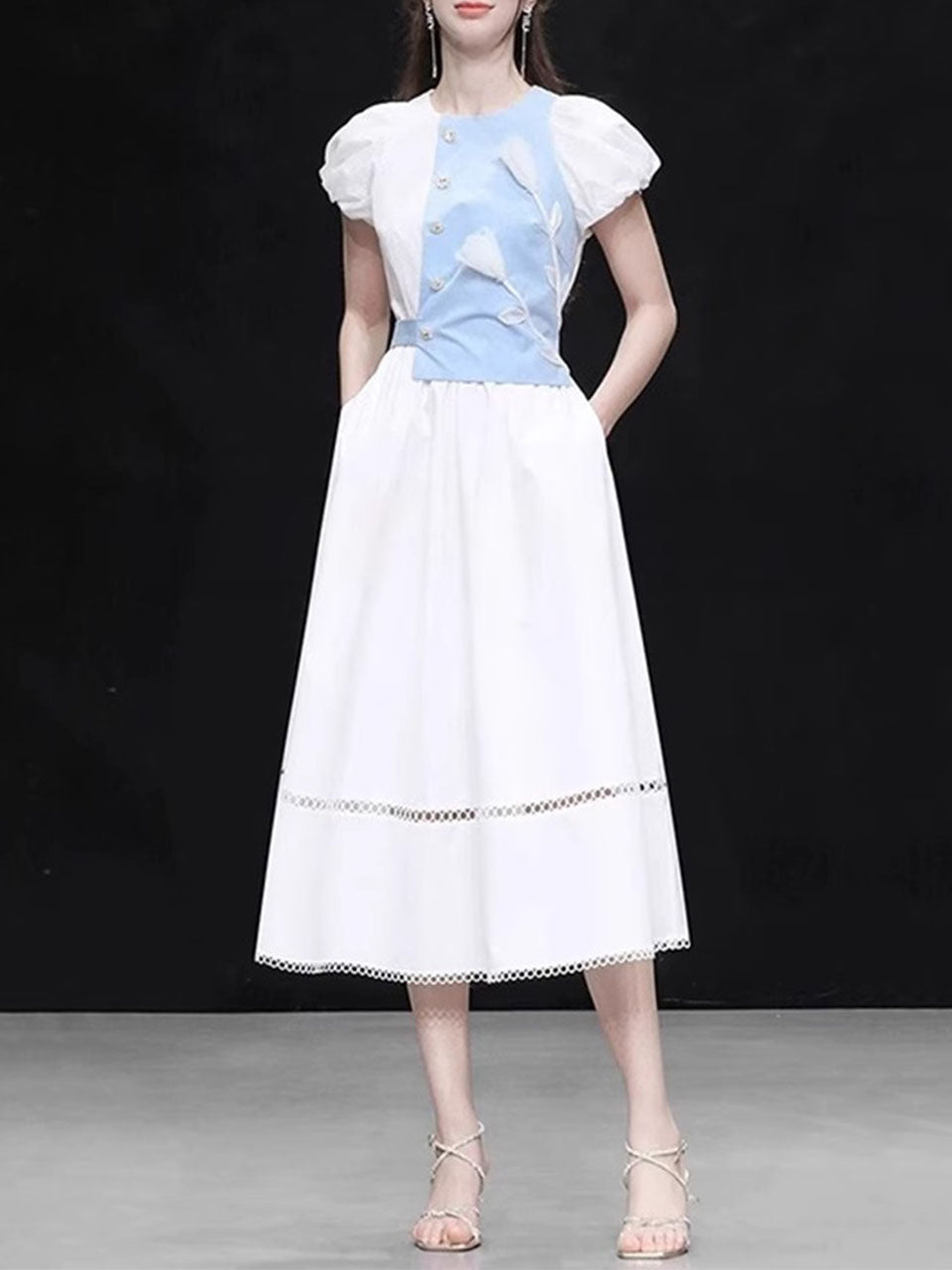 White Tulips Crew Neck 1950S Vintage Dress