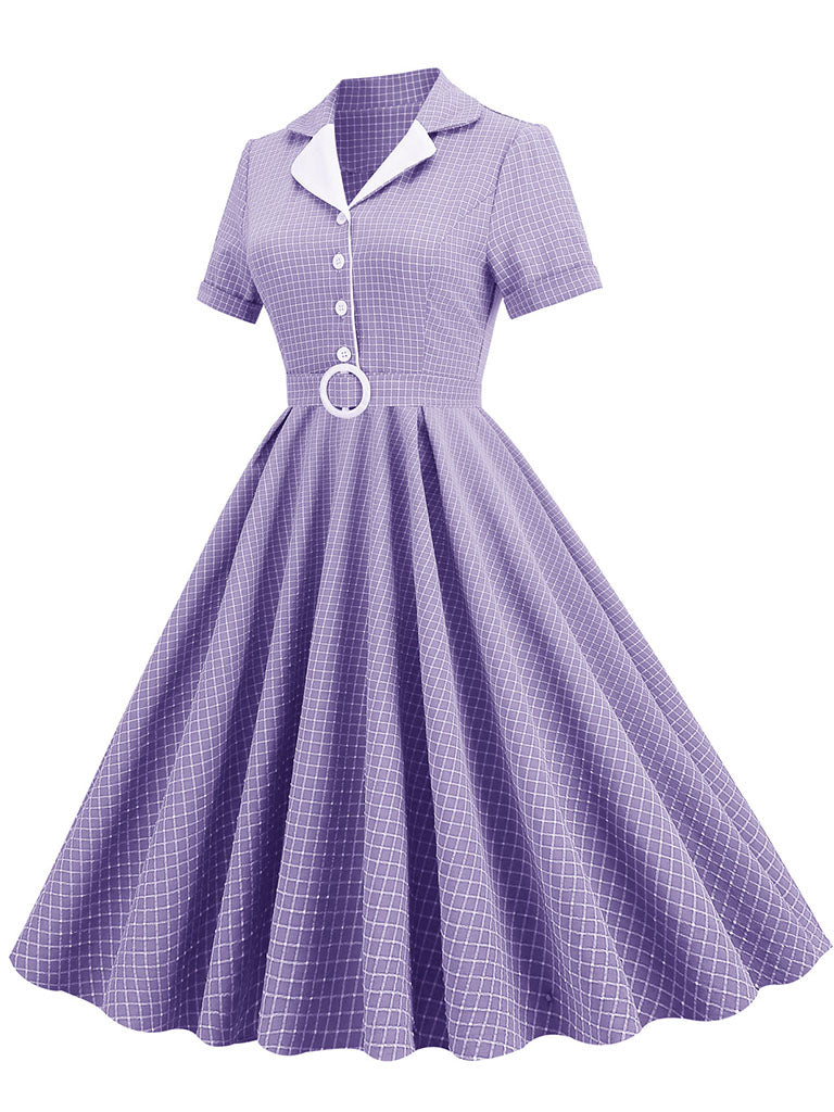 Green Plaid Turn Down Collar Short Sleeves 1950S Vintage Shirt Dress