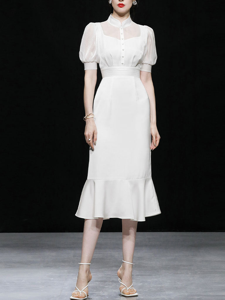 White Stand Collar Puff Sleeve Princess Mermaid Organza Dress