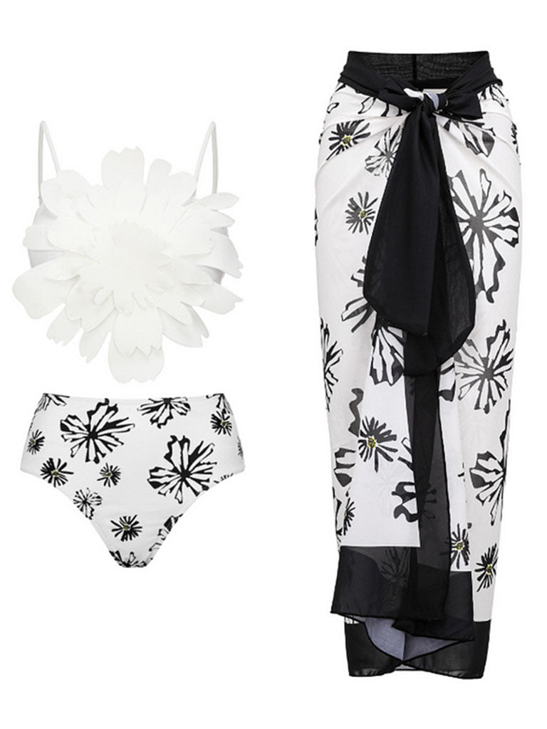 2PS White Flower Print V Neck One Piece