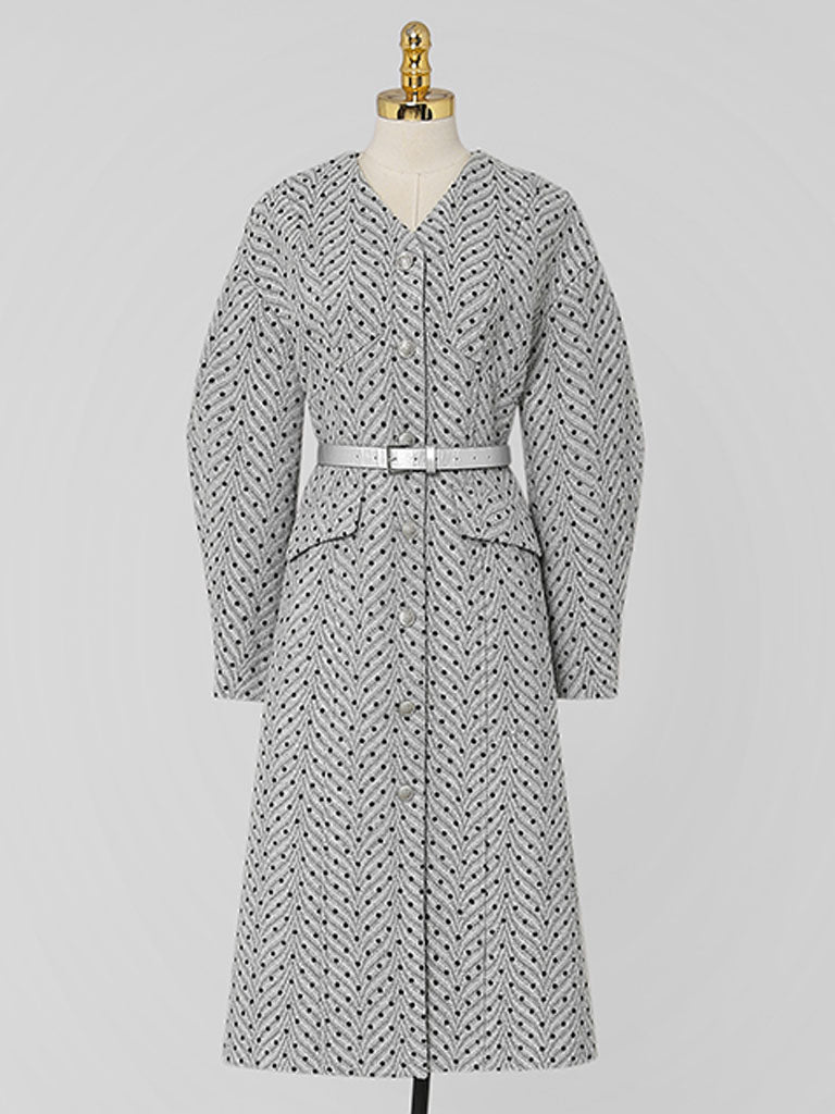 Light Grey V Neck Polka Dot Woolen Coat