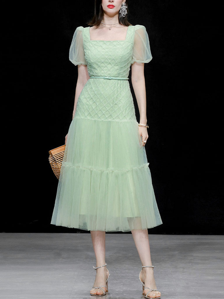 Green Vintage Style Square Neck Puff Sleeve Tulle Party Dress