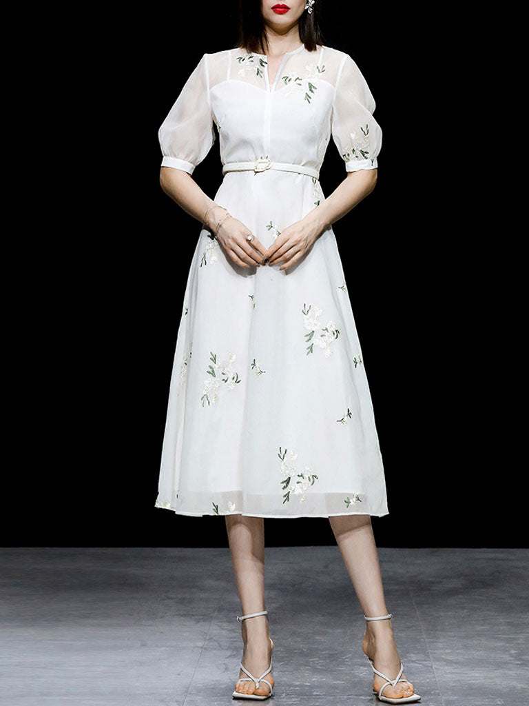 White V Neck Puff Sleeves Embroidered Organza Vintage Dress