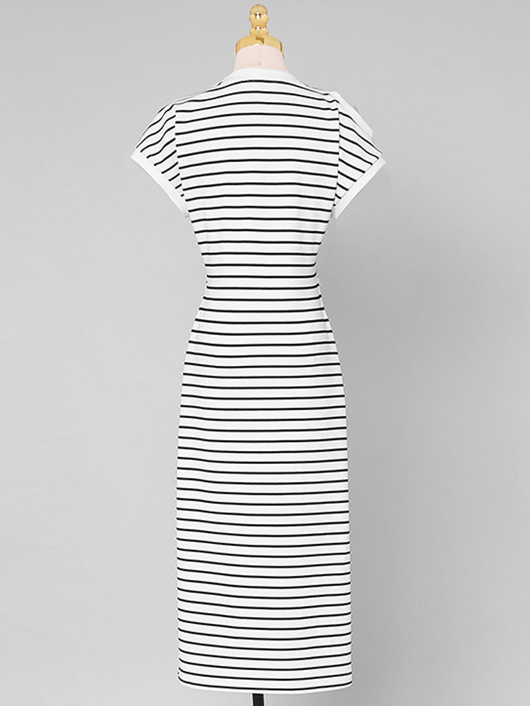 Striped Crew Neck Slit Casual Bodycon Dress