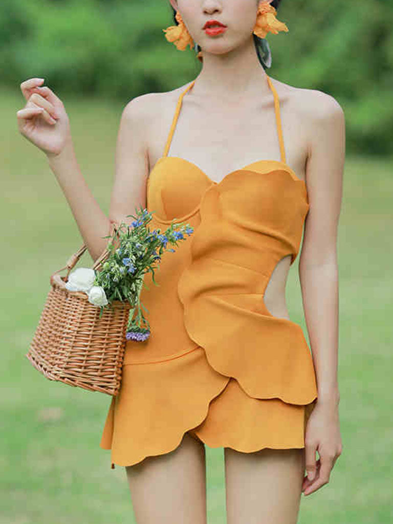 Yellow One Piece Ruffles Backless Bikini Swimwear