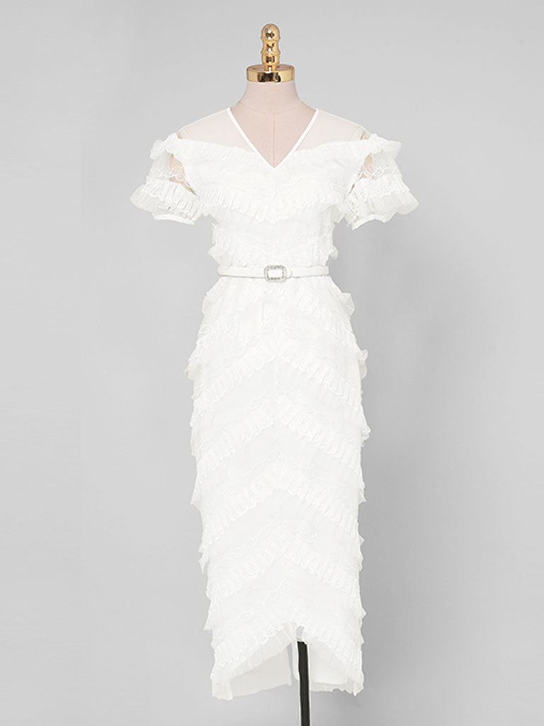 White Romantic Wedding Ruffles V-Neck Sequin Lace Irregular Hem Dress