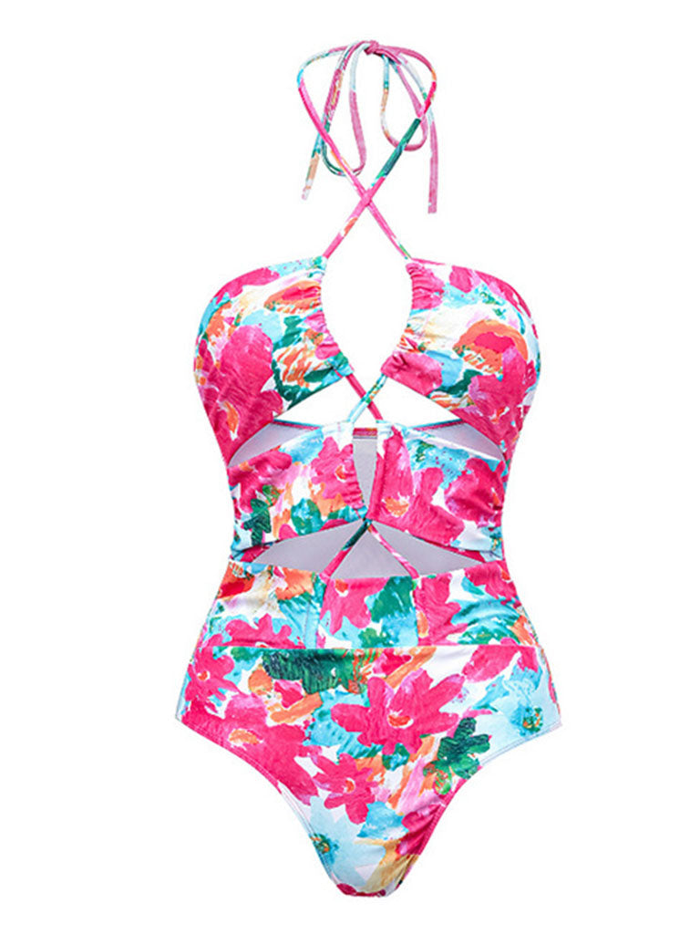 Pink Handmade Flower Halter Ruffles One Piece