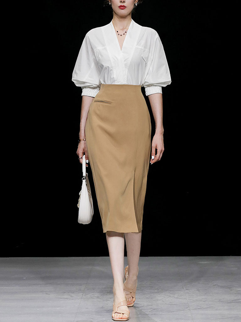 2PS V Neck White Shirt And Khaki Split Bodycon Skirt Suit