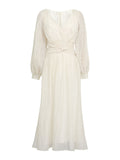 Apricot V Neck Bow Decorated Belt Swing Retro Dress