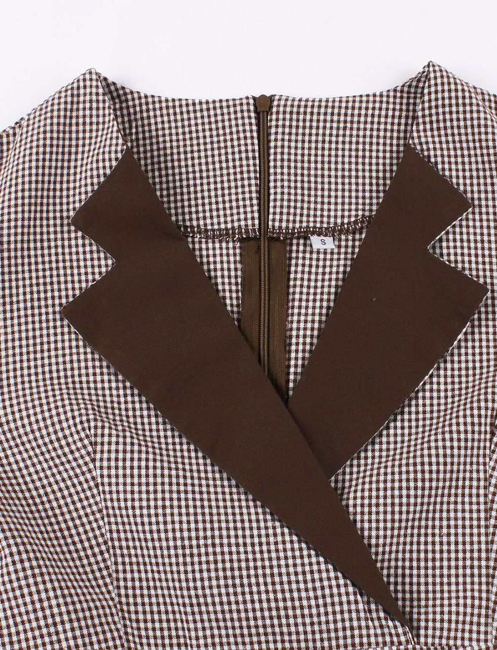 1950s Black V Neck Plaid 3/4 Sleeve Vintage Swing Dress