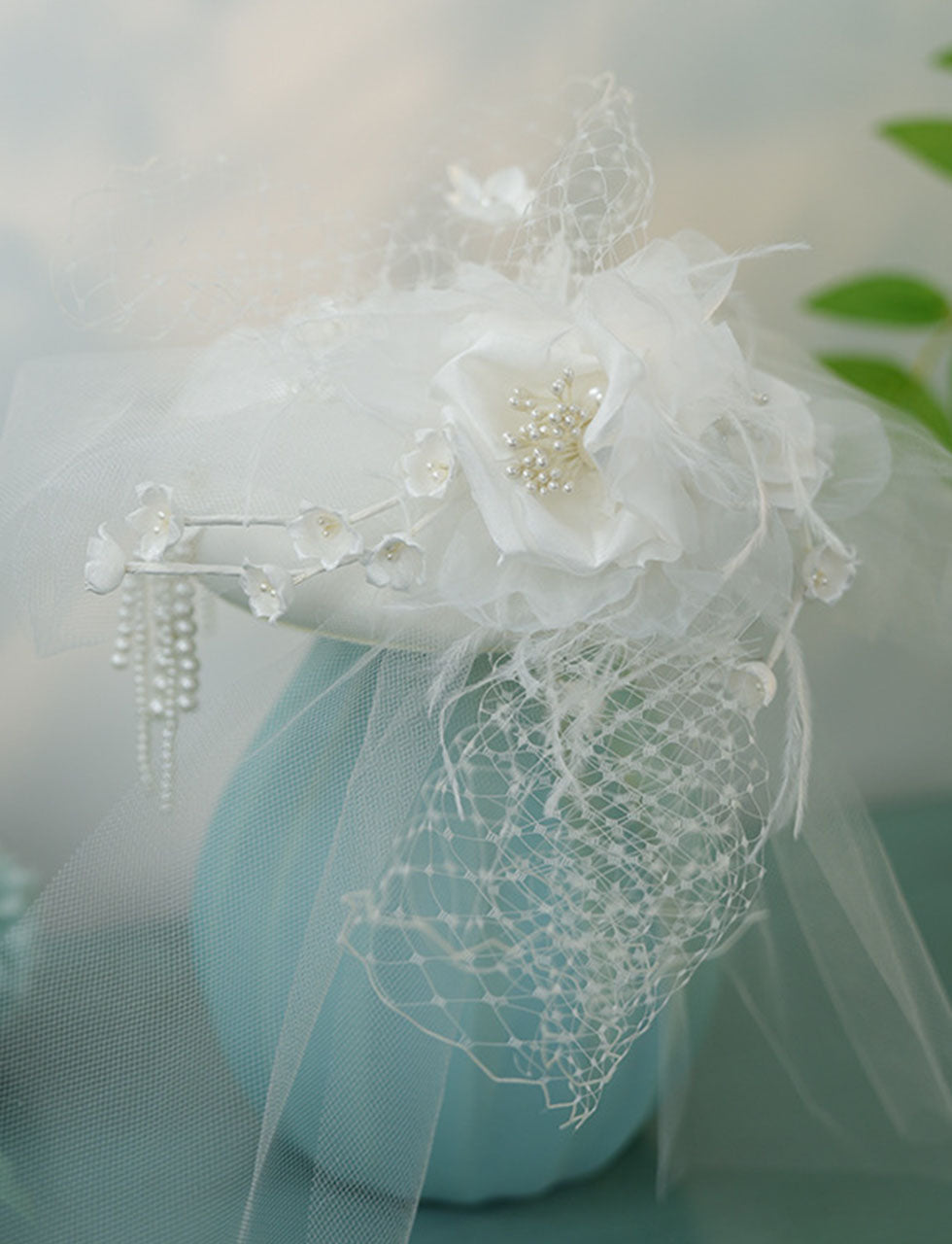 White Handmade Flowers Satin Birdcage Veil Wedding Vintage Hat