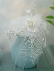 White Handmade Flowers Satin Birdcage Veil Wedding Vintage Hat