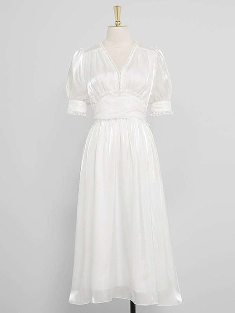 White Ruffles Puff Sleeve Organza Vintage Dress
